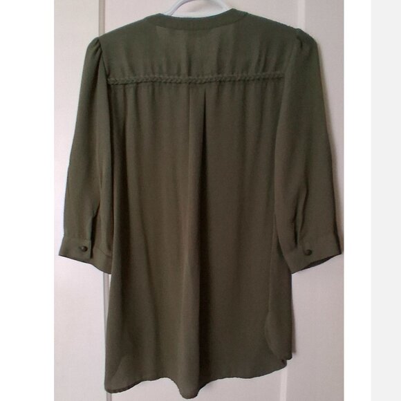 Women's Reitmans Olive Green 3/4 Length Sleeve Blouse, Braid & Gold Buttons, 3 - Picture 9 of 15